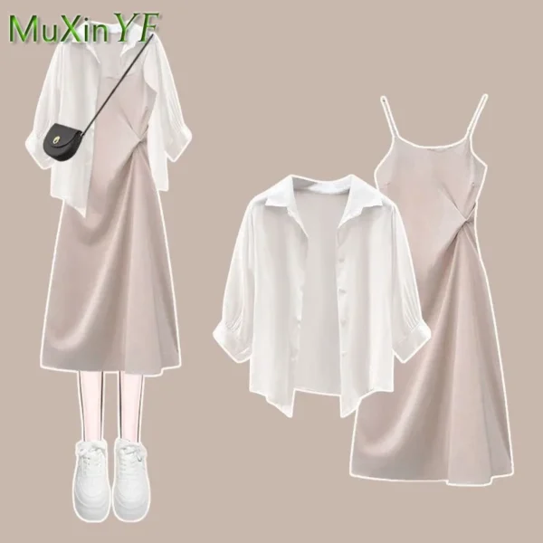 Women's Summer Dress Matching Set 2023 New Fashion Chiffon Sunscreen Shirt Slip Skirt Two-piece Korean Elegant Chic Blouse Suit 1