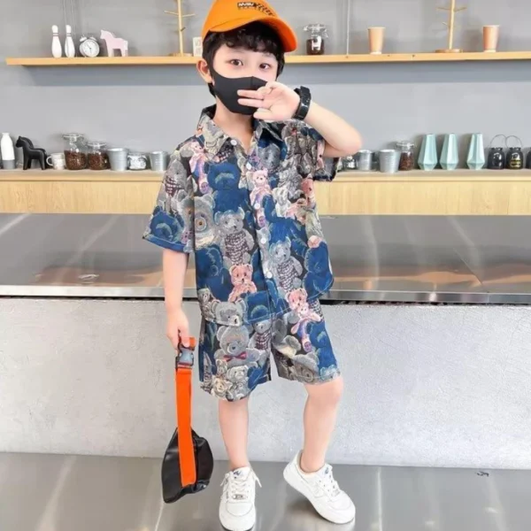 Summer Teenage Boy Clothes Set Cartoon Bear Short Sleeve Lapel Shirts and Shorts Suit Children's Boys Top and Bottom Streetwear 3