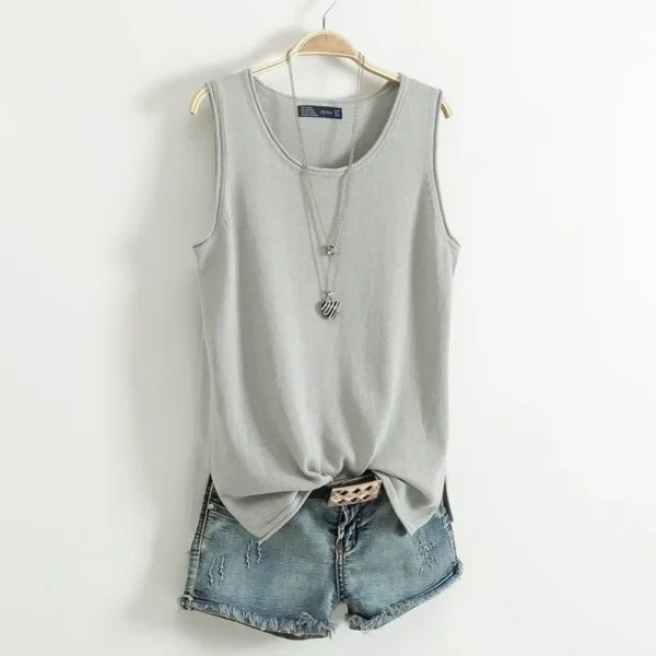 With thin round neck knitted cotton vest, girls' sleeveless loose split bottomed top in summer 3