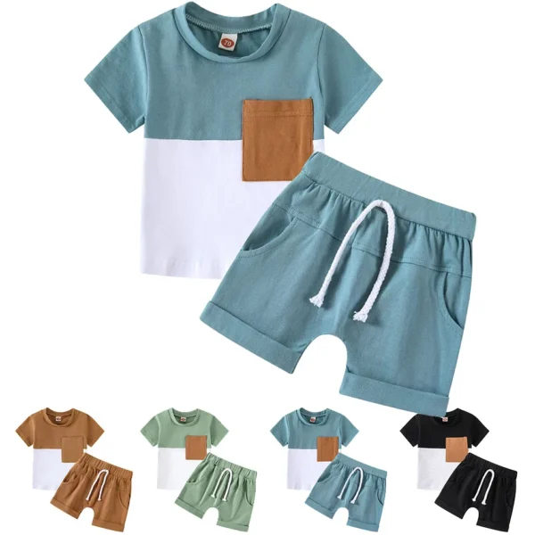 Kids Outfit Eco-Friendly Boy Summer Short Sleeve T Shirt and Shorts Clothes Set Children Fashion Green Coffee Color Block Design 1