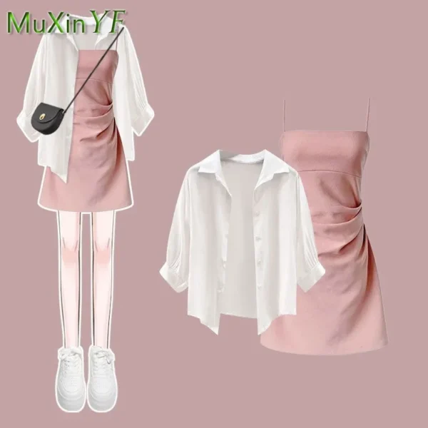 Women's Summer Dress Matching Set 2023 New Fashion Chiffon Sunscreen Shirt Slip Skirt Two-piece Korean Elegant Chic Blouse Suit 5