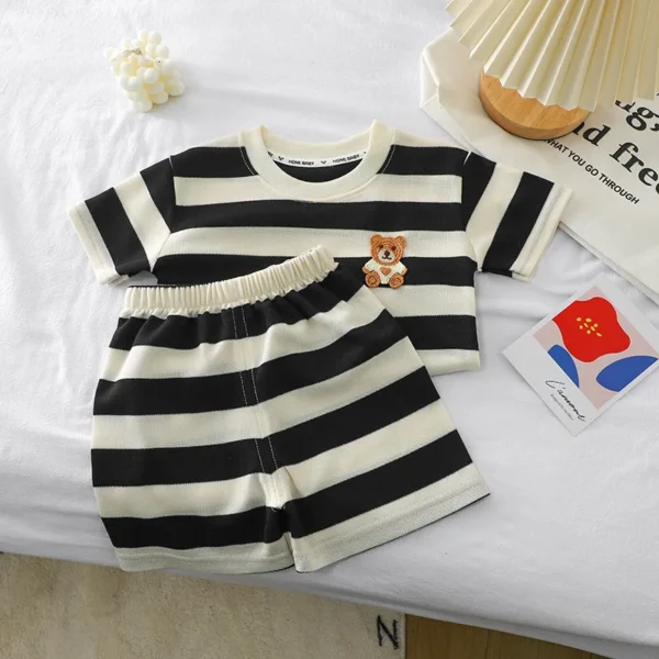 Children's Clothing Sets Bear Decorated Striped Short Sleeve Top + Shorts 2pcs Kids Clothes Boys Boys Outfits for 1 To 6 Years 2