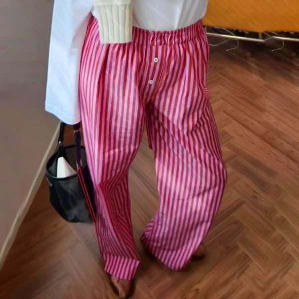 Women Y2k Oversize Pants Loose Wide Leg Casual Solid Color/Stripe Print Elastic Waist Trousers for Work Office Streetwear 2