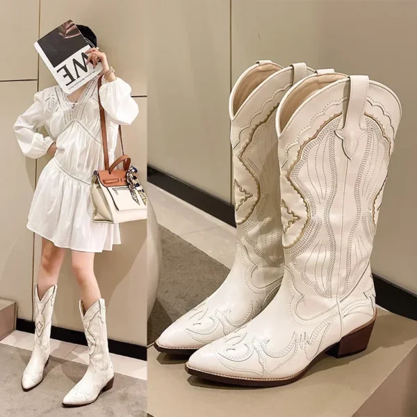 Women's Embroidered Western Mid Calf Boots Cowboy Square Heels Boots Pointed Toe Platform Boots Women Western Shoes Plus Size42 1