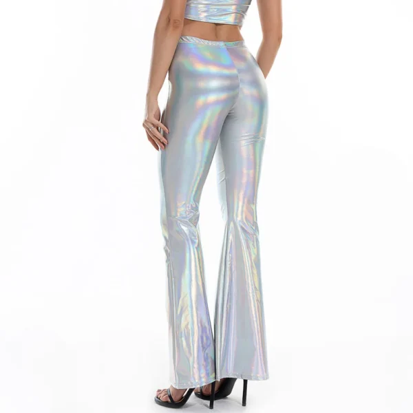 Sexy PU Leather Metallic Pants Shiny Holographic Flare Pants Women Girls Bodycon Elastic Waist Bell Bottom Trousers Clubwear 5