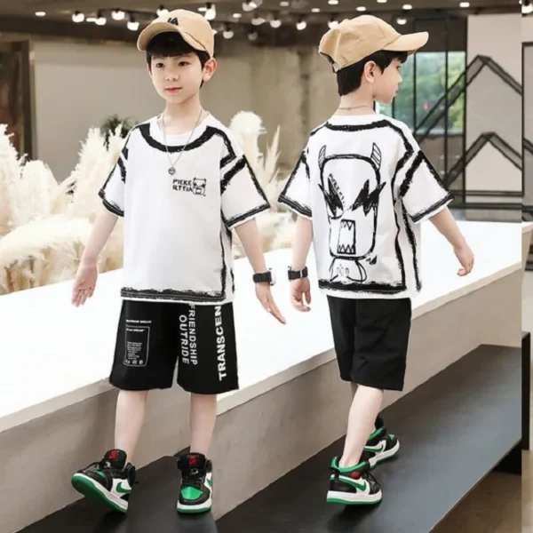 Summer Boys Cotton Contrast Alphabet Cartoon t-Shirt Tops+Short Pants Set School Kids Tracksuit Child 2PCS Outfit Suit 5-14 Yrs 2