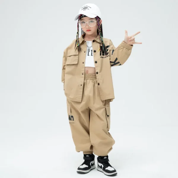 Kid Kpop Hip Hop Clothing Khaki Shirt Jacket Casual Streetwear Cargo Jogger Pants for Girl Boy Jazz Dance Costume Clothes Set 2