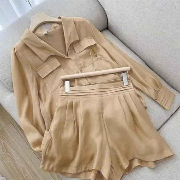 Spring Shirt Two Piece Set For Women Summer Shorts 2 Piece Sets Suits Solid Color Long Sleeve Shirt Short Casual Outfits Female 1