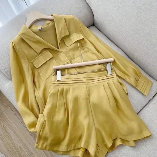 Spring Shirt Two Piece Set For Women Summer Shorts 2 Piece Sets Suits Solid Color Long Sleeve Shirt Short Casual Outfits Female 5