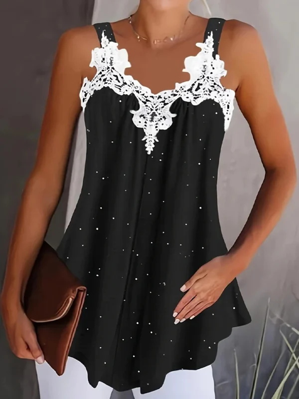 Luxurious Camisole Women V-Neck Sleeveless Lace Patchwork Solid Color Vest Summer Party Tank Tops 1