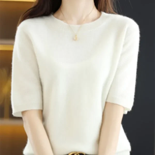 Spring and Summer New Short-sleeved Women O-neck Slim Wool Cotton Blend Pullover Vest T-shirt Knitted Base Sweater 5