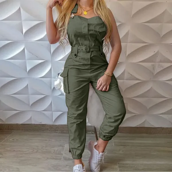 2021 New Style Women Solid Color Cargo Jumpsuit with Waistband Square Collar Sleeveless Overalls Plus Size S-XXXL 1