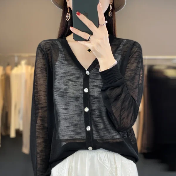 Summer Sunscreen Ice Silk Cardigan Women's V-Neck Long Sleeve Loose Knitted Top Solid Transparent Cardigan Air Conditioned Shirt 1