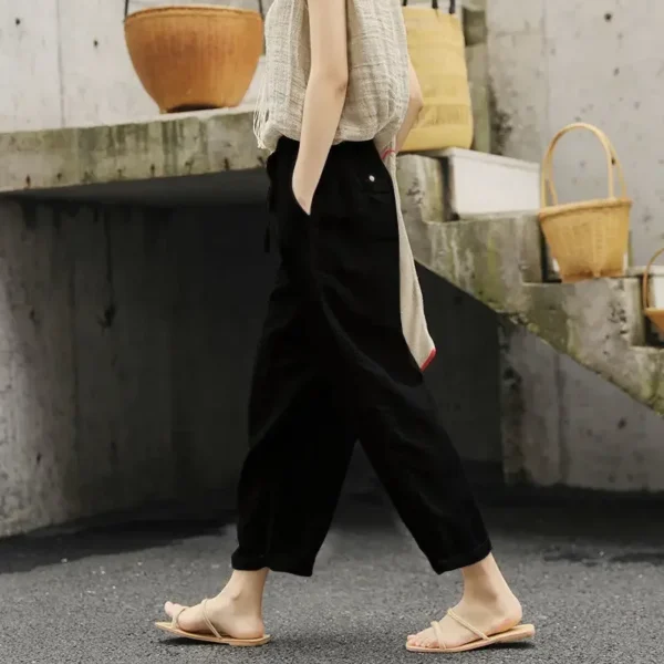 Customized 2024 New UZZDSS Women's Summer Cotton Linen  Loose Pocket Elastic Waist Wide-leg Retro Literary Casual Ninth Pants 2