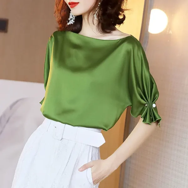 Spring and Summer 2023 New Light Luxury Drape Shirt Mercerized Satin Acetate Fabric Top Short Sleeve Loose and Thin 6