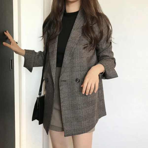 Women Winter Plaid Blazers Coats Korean Fashion Elegant Solid Thick Jacket Female Double Breasted Office Lady Long Overcoat 5