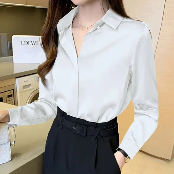 Autumn Winter Women's Long Sleeve Polo Neck Simple Shirt Sleeve Solid Color Commuter Versatile Chiffon Tops Blouse Camisas A578 2