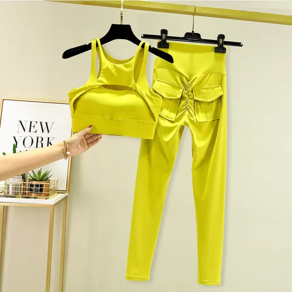 Women's Tracksuit Leggings Yoga Set Pocket High Waist Pants Sportswear Bra Fitness Workout Cycling Sport Suit Gym Outfit Clothes 2