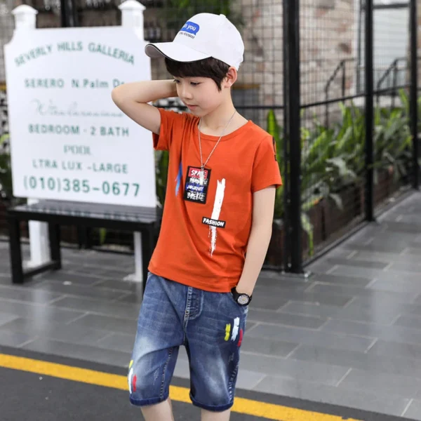 2024 autumn Boys Clothes Sport Set Casual Short Sleeve Children tracksuit letter shirt + demin shorts pants 5 6 7 8 9 10 11 year 5