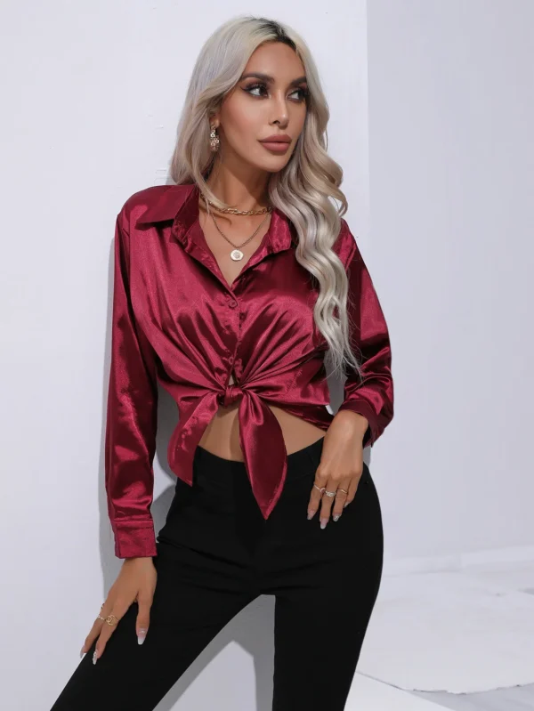 2024 Spring Summer Satin Shirt Women Long Sleeve Shirt Ladies Blouses Loose Button Up Shirts For Women 3