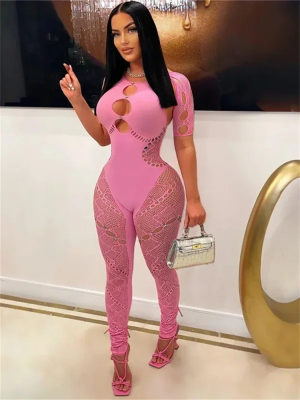 Summer Outfits Streetwear Jumpsuits Women Short Sleeve Bodycon Rompers Jumpsuit Skinny Pink Mesh See Though One-piece Overalls 2