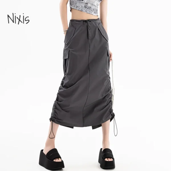 American Retro Cargo Skirt for Women Summer Slit Design Drawstring High Waist Mid-length Skirt Y2k Streetwear Fashion Clothing 1