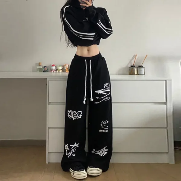 Retro streetwear graffiti pants Hip hop baggy sweatpants versatile straight leg trousers wide leg drawstring slacks Y2K pants 3