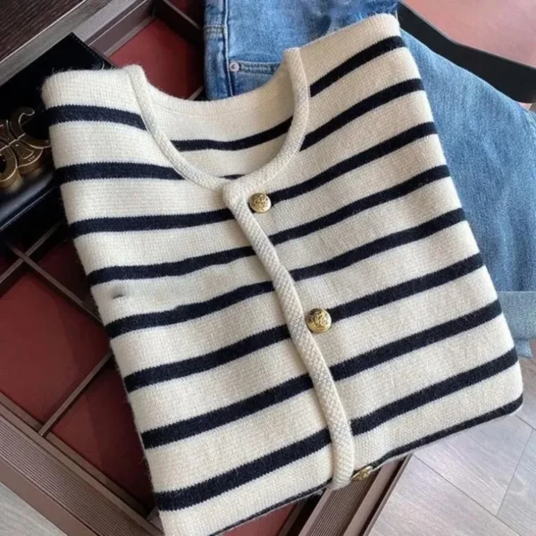 Spring Autumn Stripes Knit Cardigan Womens Elegant Long Sleeve Single Breasted Short Coat Ladies O-neck Apricot Knitted Sweaters 6