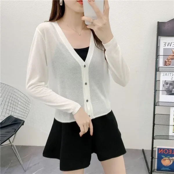 Spring/Summer Ice Linen Knitted Split Sleeve Cardigan Women's Versatile Office Air Conditioning Shirt Fashion Sunscreen Top 1