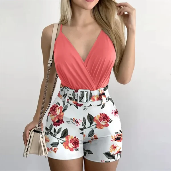 Fashion Summer Women's Two-piece Beach Suit 2024Sexy Slim Short Top Shorts Printing Casual Suspenders Package Hips 2 Piece Set 2 3