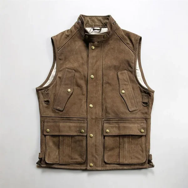 2024 New Style Hunting Suit Real Leather Vests Men's Stand Collar Moto Multi Pocket Thick Cowhide Sleeveless Jackets Waistcoat 1