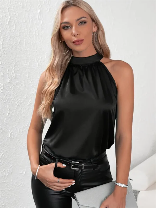 Women Summer Style Blouses Shirts Lady Casual Sleeveless Halter Collar Solid Color Blouse Tops DF5067 5