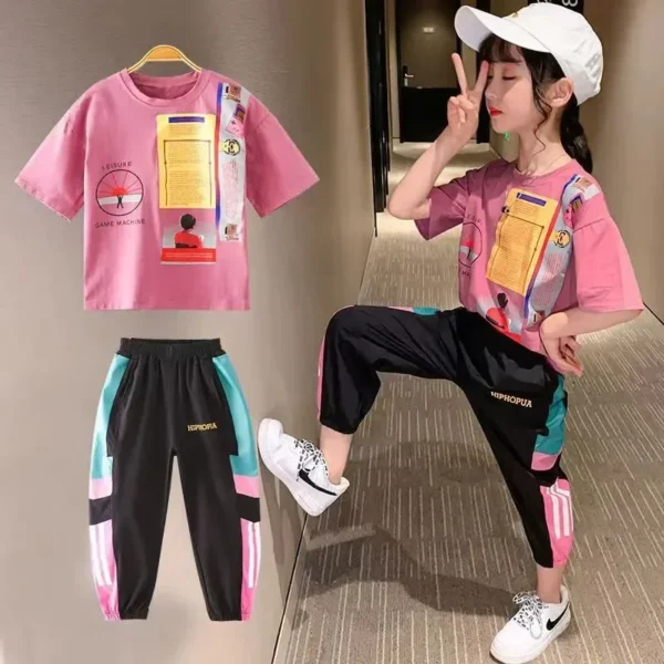 Girls Summer Short Sleeve Shirts+Full Length Pants 2pcs Sets Baby Boys Girls Teen Sports Suits 4 6 8 10 12 Year Kids Clothes 4