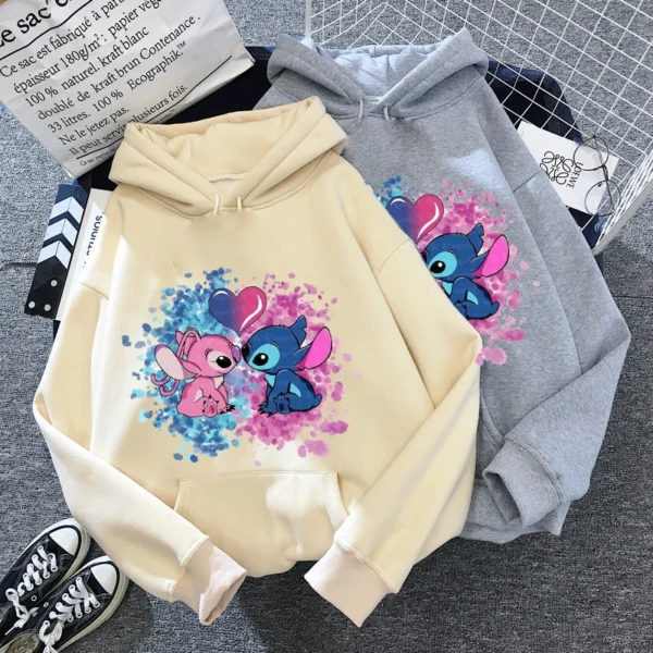 Disney Stitch Hoodies Women Harajuku Pullovers Cute Kawaii Casual Tops O-Neck Angel Print Hooded Sweatshirt Long Sleeves 4