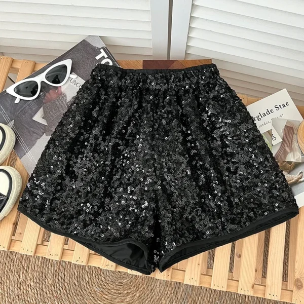 Women Shiny Sequin Elastic Waist Thin A line Wide Leg Pants Shorts 2023 Summer New Casual Chic Fashion Versatile Pants 5