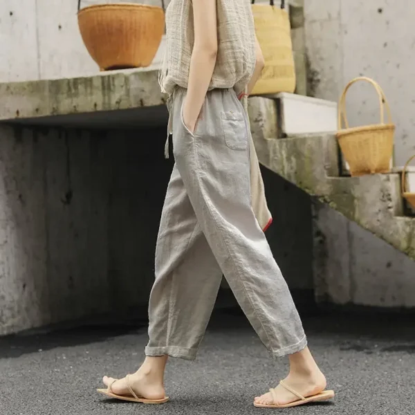 Customized 2024 New UZZDSS Women's Summer Cotton Linen  Loose Pocket Elastic Waist Wide-leg Retro Literary Casual Ninth Pants 1