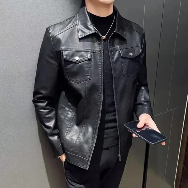 Spring and Autumn New Men's Jackets Fashionable and Trendy Korean Version Slim Fit Casual Men's Leather Jacket Motorcycle Coat 2