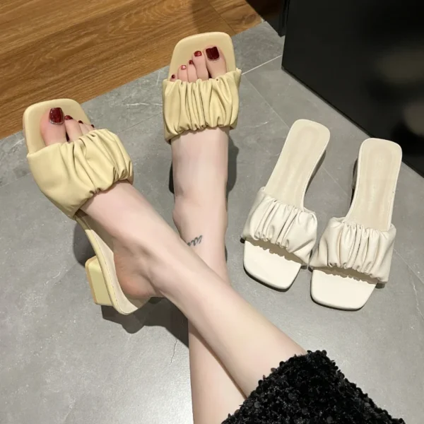 2023 New Summer Women Slippers Sandals Ladies Soft Comfortable  Pleate Sexy Thick High Heel Sandals Fashion High Heel Sandals 1