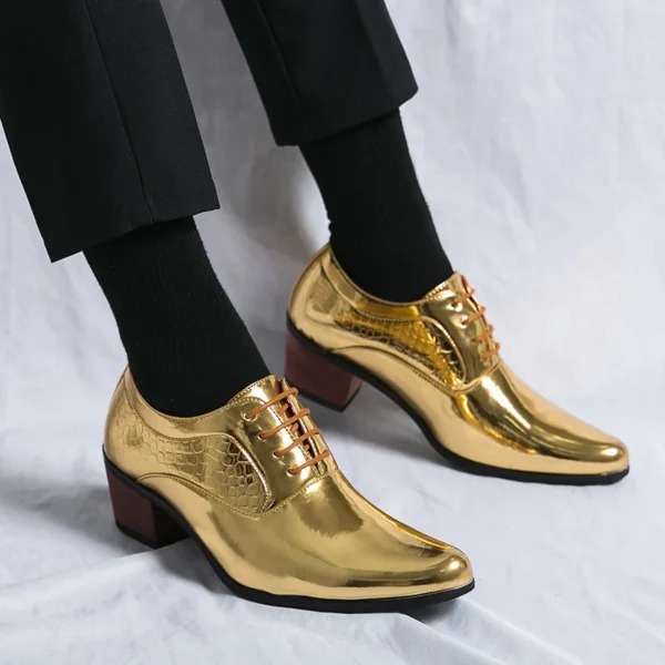 New 2023 Luxury Gold Men High Heel Leather Shoes Moccasins Designer Pointed Dress Shoes Men Wedding Formal Shoes Big Size 46 4