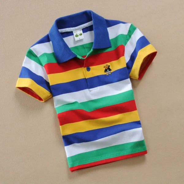 T-shirt For Boys Summer Children Short Sleeve Stripe Tees Cartoon Bear Embroidery Tops Teens Breathable Polo Shirt Kids Clothing 5