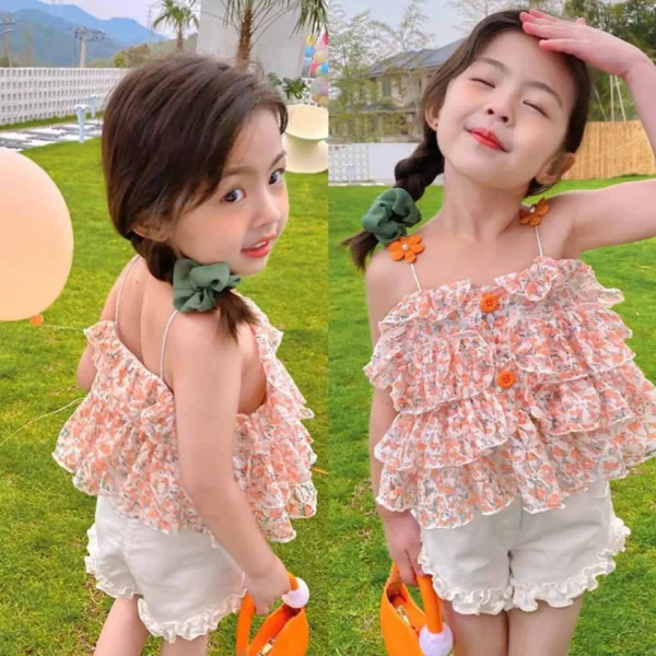 Children's Clothing Sets Floral Print Suspenders Tops + Lace Shorts 2Pcs  Kids Clothes for Girls 3 To 7 Years Boutique Clothes 1