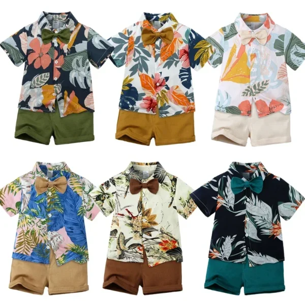 Toddler Baby Boys Sets Summer Hawaiian Outfit Infant Kids Floral Print Short Sleeve Shirt Bowtie Shirt+Shorts Gentleman Suits 4