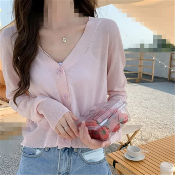 Korean Cardigan Women Thin Summer Casual Solid Feminino Sun-proof All-match Knitted V-neck Sweet Style Candy Color Basic Daily 1