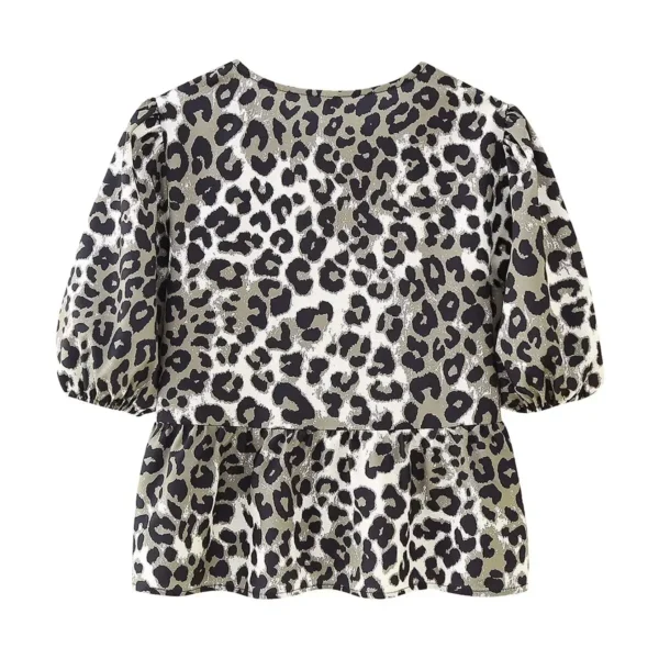 Summer Shirt With Strap Lace-up Leopard Blouse Puff Sleeve Crop Top Women's Summer Clothing 2