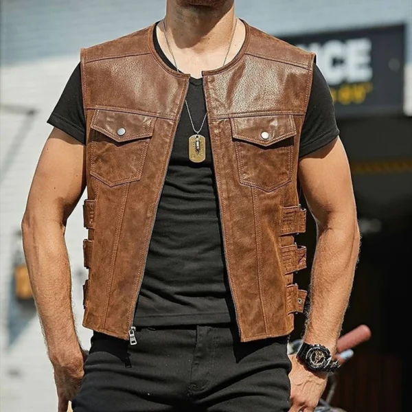 New Men's Motorcycle Biker Faux Leather Vest Jacket Waistcoat Solid Color Zip Up Vest Tops Male Clothing Streetwear 1