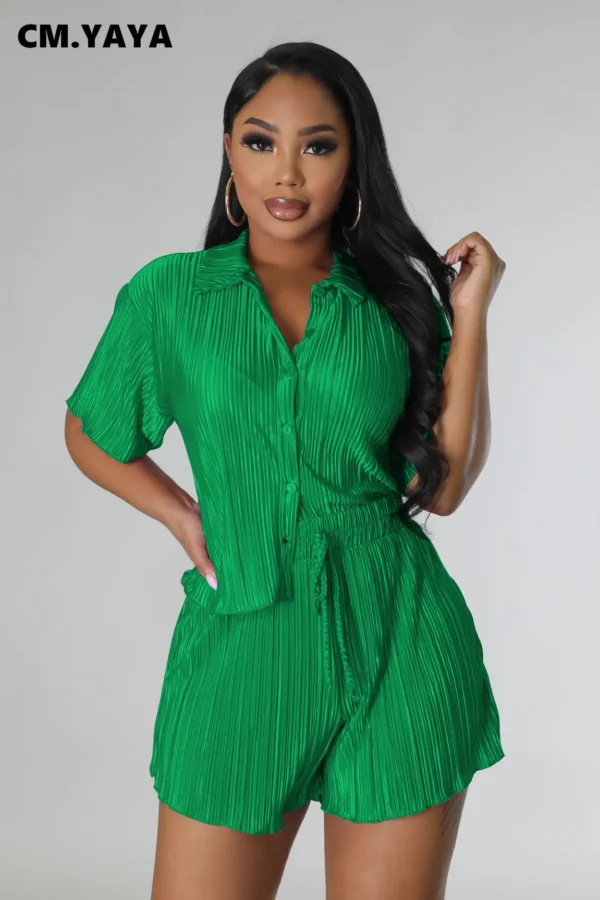 CM.YAYA Street Vintage Pleated Women's Set Short Sleeve Shirt Blouse and Shorts Suit 2023 INS Two 2 Piece Set Outfit Tracksuit 1