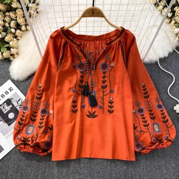 Autumn Casual Women Blouse Fashion V-neck Long Lantern Sleeve Embroidery Shirts Vintage Minority Ladies Tops Dropshipping 3