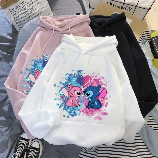 Disney Stitch Hoodies Women Harajuku Pullovers Cute Kawaii Casual Tops O-Neck Angel Print Hooded Sweatshirt Long Sleeves 2