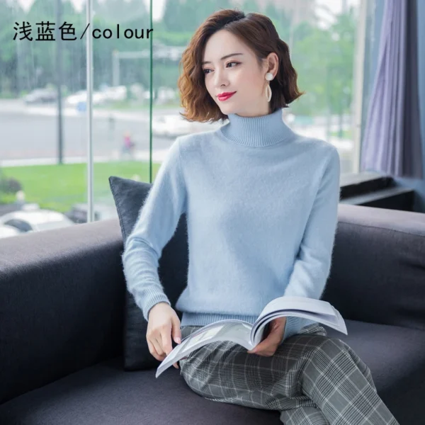 2021 Fall/Winter 100%Pure Mink Cashmere Sweater Women High Lapel Knit Pullover Wild Warm Solid Color Plus Size Short Base Shirt 4