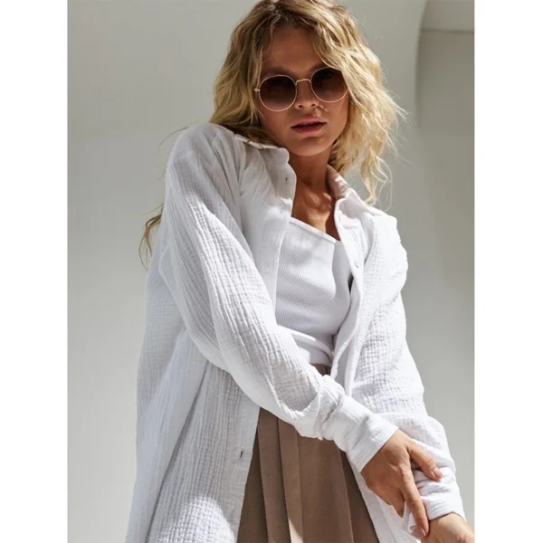 100% Cotton Solid White Shirt For Women Casual Office Lady Turn Down Long Sleeve Tunic 2023 Spring Autumn Loose Womens Tops 1